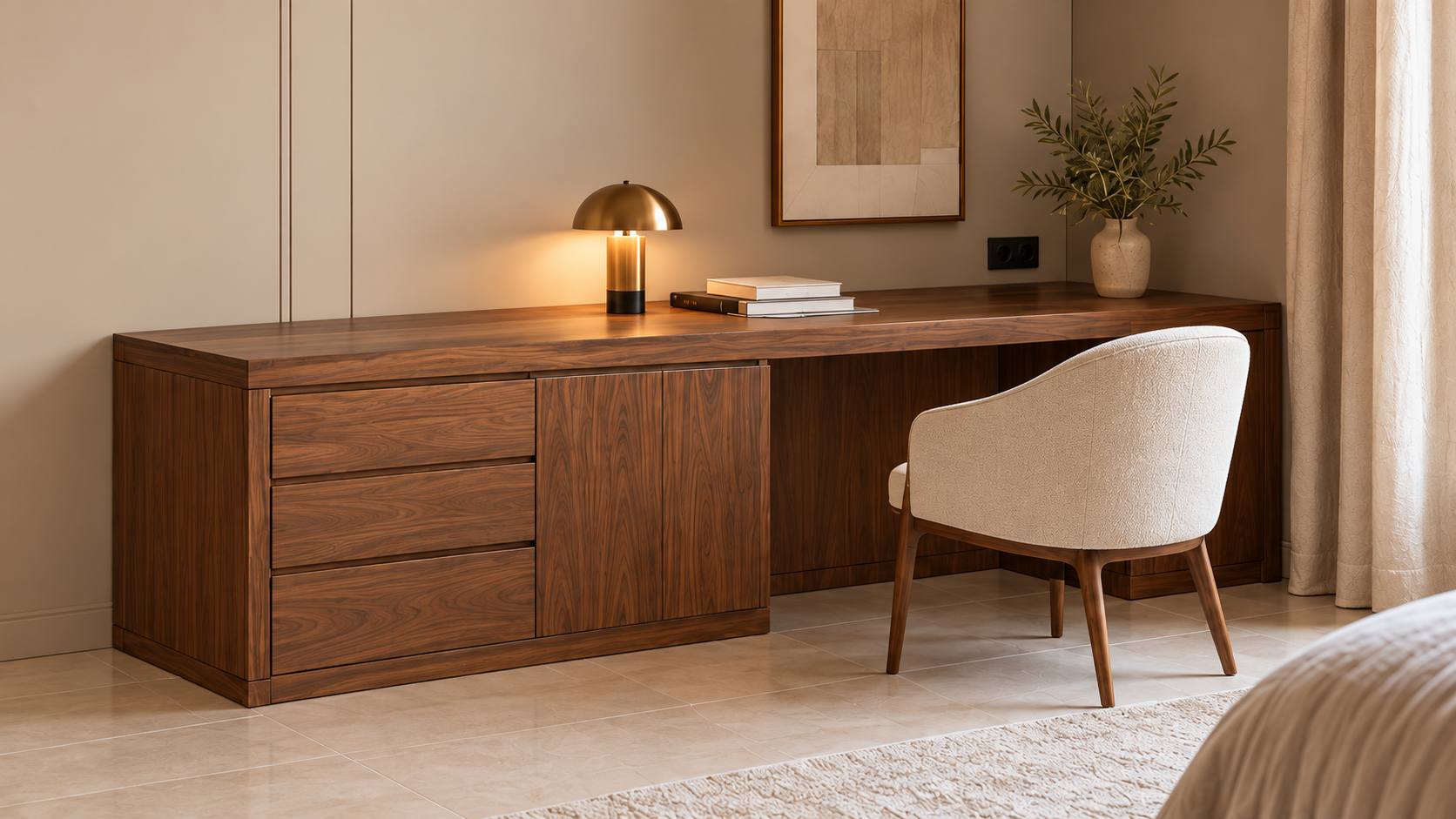 Mobilier en noyer installé dans la chambre